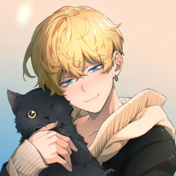 Forum avatar of Chifuyu Matsuno (Tokyo Revengers): blond-haired anime character smiling while holding a black cat against a soft pastel background.