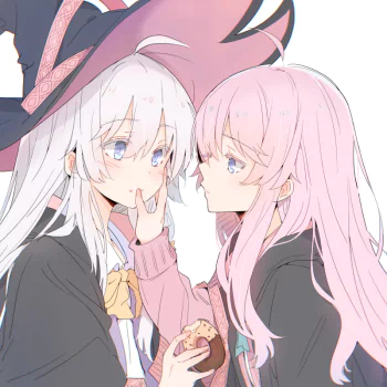 Forum avatar: anime characters Elaina and Hoki from Wandering Witch: The Journey of Elaina — pink-haired Hoki offers a pastry to white-haired witch Elaina in a close, gentle moment.