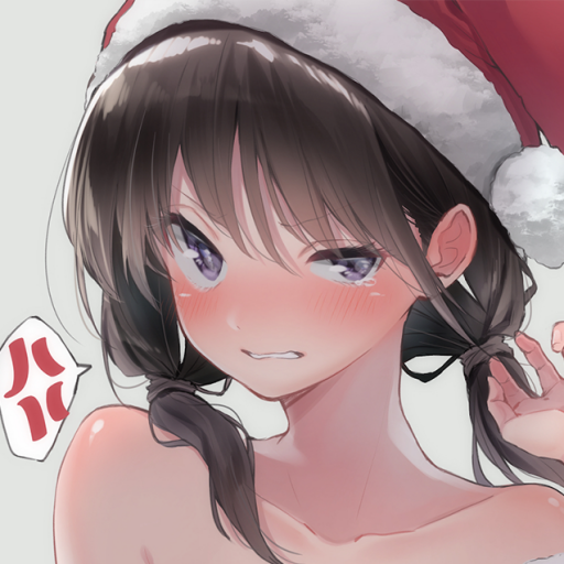 Christmas anime forum avatar/pfp: blushing girl in a Santa hat with dark pigtails, soft shading and a pouty, slightly irritated expression.