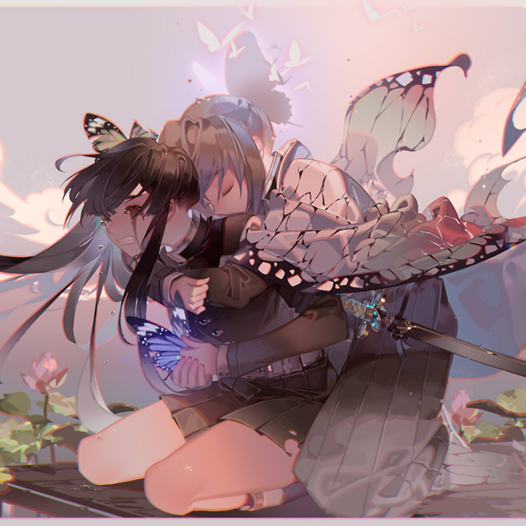 Forum avatar of Shinobu Kochou and Kanao Tsuyuri from Demon Slayer: Kimetsu no Yaiba — Shinobu embracing Kanao amid butterfly wings and soft pastel lighting.