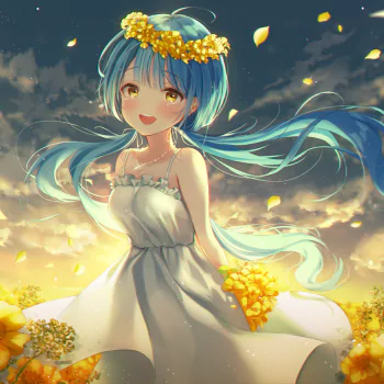 yellow eyes long hair white dress aqua hair Anime girl anime girl PFP