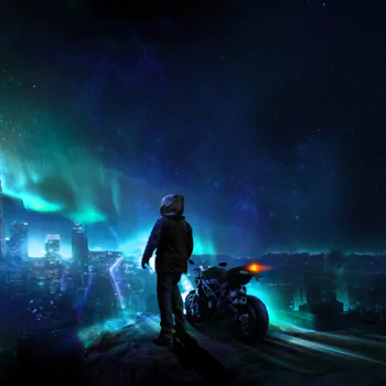 motorcycle night aurora borealis Sci Fi city sci fi city PFP
