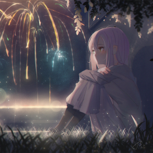 Sad White-Haired Anime Girl with Fireworks pfp - Avatar Abyss