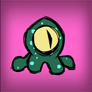 Avatar of a cute, cartoon-style character from the game Oxygen Not Included, featuring a green creature with a large yellow eye against a pink background.