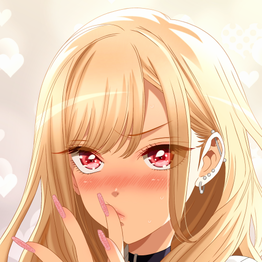 Forum avatar of Marin Kitagawa (My Dress-Up Darling) — close-up anime portrait with blonde hair, pink eyes, blushing cheeks, hand near mouth and a soft sparkly background.