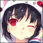Forum avatar of a cute anime girl: short dark hair, red eyes, winking, wearing a white animal-eared hat and striped sleeve, close-up profile-style portrait.