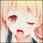 Close-up anime girl forum avatar/pfp: blonde character winking with mouth open, warm brown eyes and light blush — stylized profile photo.