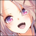 Close-up original anime character with light hair, sparkling pink-violet eyes and open smile — bright, expressive forum avatar/pfp.