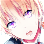 Original anime-style forum avatar: close-up of a young character with short peach-blond hair, vivid purple eyes, and a slightly open mouth, wearing a collared outfit.