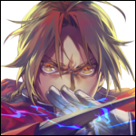 Forum avatar of Edward Elric (Fullmetal Alchemist): intense anime close-up with glowing golden eyes, raised hand, red coat and streaks of alchemical light.