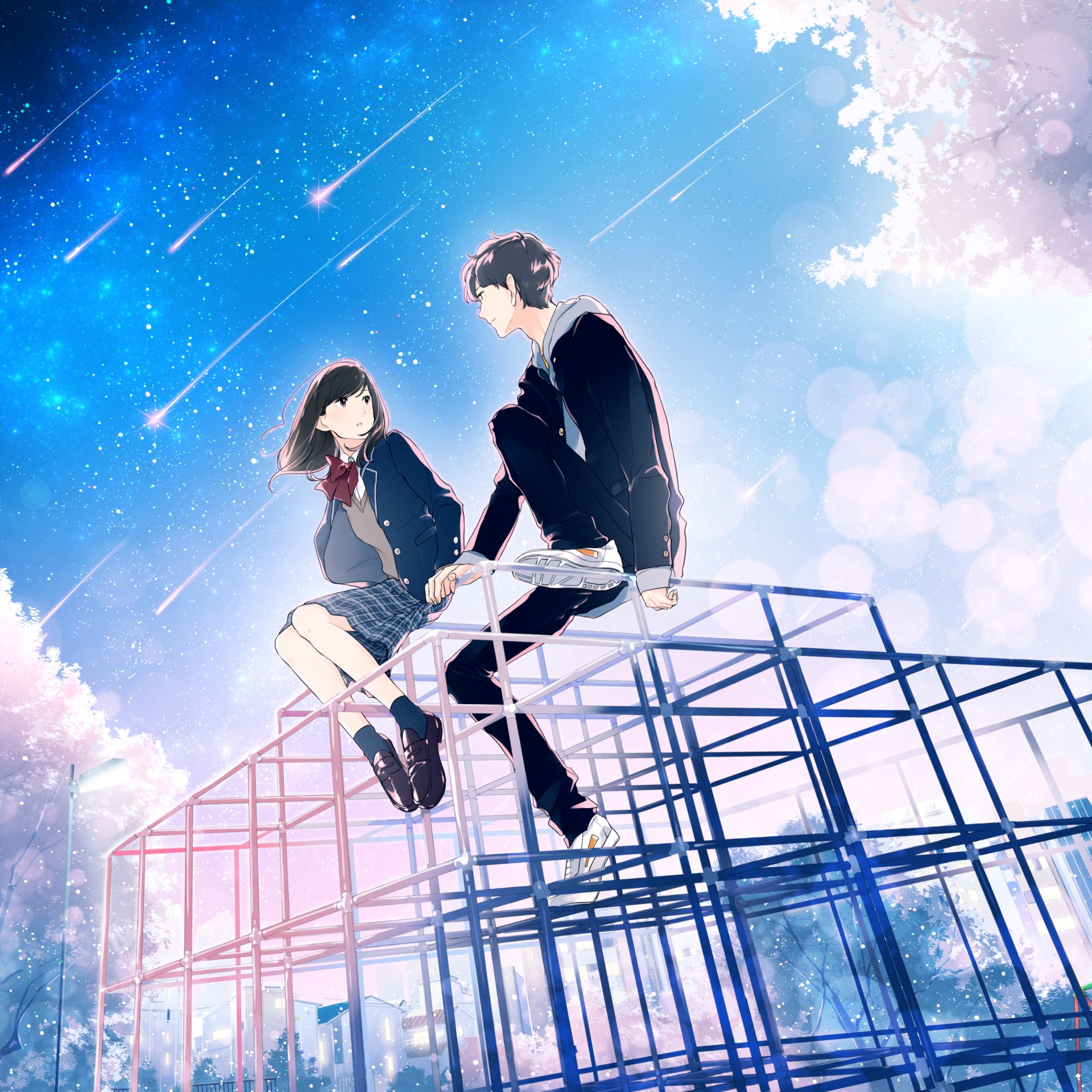 Anime-style forum avatar of a matching anime couple — a boy and girl in school uniforms sitting on a metal frame under a meteor-streaked, starry sky.