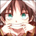 Attack on Titan anime forum avatar: young character with bright teal eyes, hood up, using fingers to pull a wide, playful grin.
