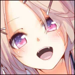 Close-up original anime character with light hair, sparkling pink-violet eyes and open smile — bright, expressive forum avatar/pfp.