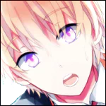 Original anime-style forum avatar: close-up of a young character with short peach-blond hair, vivid purple eyes, and a slightly open mouth, wearing a collared outfit.
