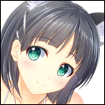 Anime-style Sword Art Online forum avatar: close-up headshot of a smiling dark gray–haired girl with bright green eyes.