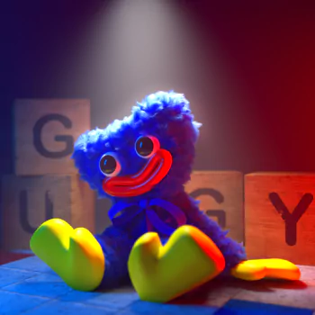Forum avatar featuring Huggy Wuggy from the video game Poppy Playtime, brightly lit with colorful blocks spelling out parts of his name in the background.