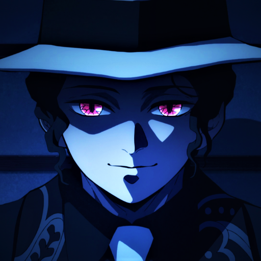 Close-up of Muzan Kibutsuji from Demon Slayer: Kimetsu no Yaiba, with glowing pink eyes and a shadowed face under a white hat in an anime style.