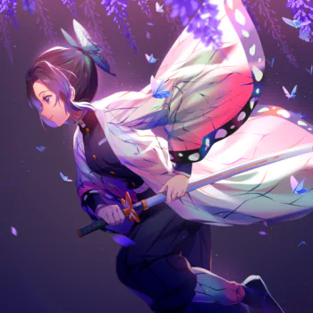 Anime-style forum avatar of Shinobu Kocho from Demon Slayer: Kimetsu no Yaiba, featuring her in dynamic pose with butterfly-themed attire and glowing purple wisteria background.