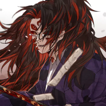 Kokushibo (Demon Slayer: Kimetsu no Yaiba) anime forum avatar/pfp — close-up of the sword demon with flowing black-and-red hair, six red eyes, mask scars, and a drawn katana.