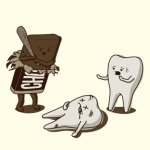 Funny forum avatar/profile photo: cartoon chocolate bar holding a stick as one tooth stands smiling and another lies dazed with stars above it.
