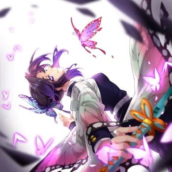 Forum avatar of Shinobu Kochou (Demon Slayer) — angled portrait with purple hair, butterfly motifs and glowing pink butterflies, clutching a flower-adorned blade.