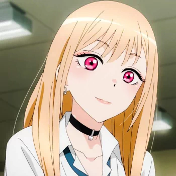 Anime character Marin Kitagawa from My Dress-Up Darling with long blonde hair, pink eyes, and a choker, smiling in a school setting, used as a profile photo.
