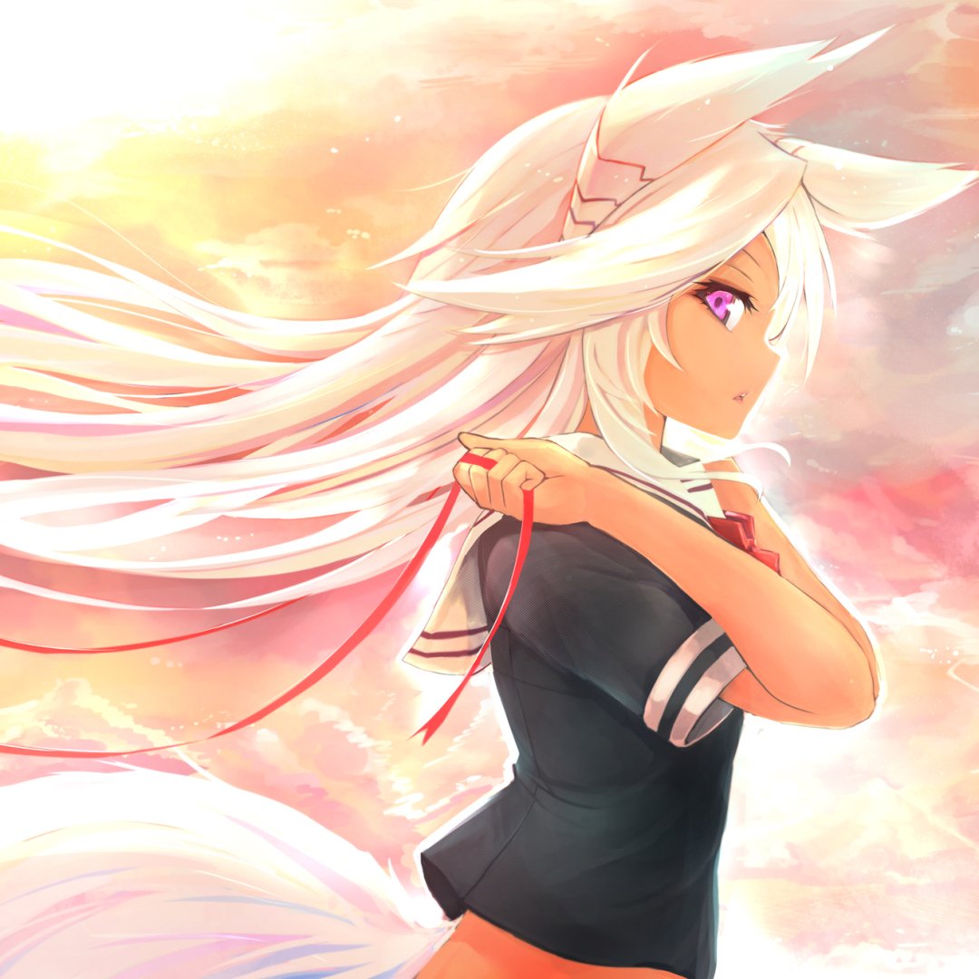 Anime cat girl avatar: white-haired with cat ears and tail, pink eyes, wearing a dark school uniform and holding a red ribbon against a glowing sunset sky.