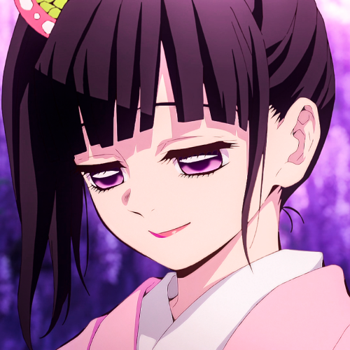 Anime avatar of Kanao Tsuyuri from Demon Slayer: Kimetsu no Yaiba — close-up smirk, purple eyes, dark straight bangs, pink kimono against a soft purple background.