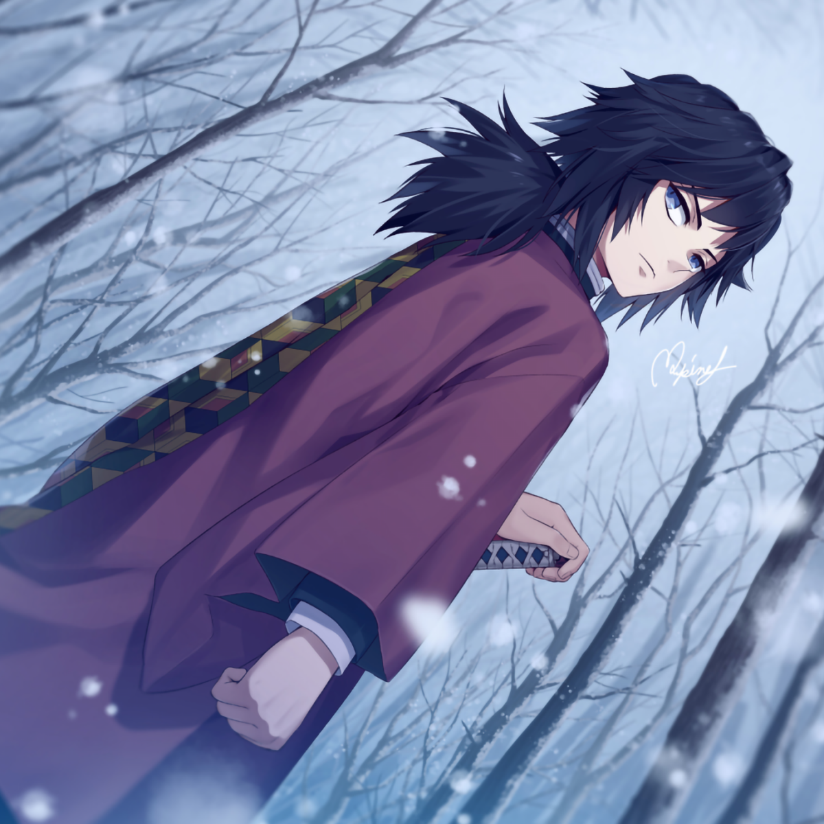 Forum avatar of Giyuu Tomioka from Demon Slayer: Kimetsu no Yaiba, anime-style portrait of him in his haori, standing in a snowy, leafless forest and looking over his shoulder.