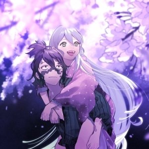 Forum avatar of Daki and Gyutaro from Demon Slayer: Kimetsu no Yaiba — anime-style Daki piggybacking Gyutaro beneath blooming pink cherry blossoms.