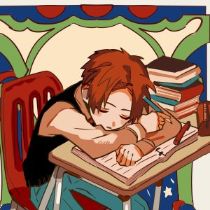 Profile avatar of Aoi Akane from Toilet-bound Hanako-kun, asleep at a school desk with her head on folded arms, surrounded by books, papers, and a pencil.