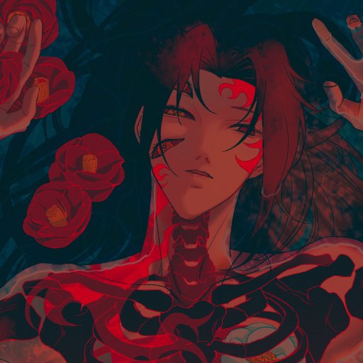 Forum avatar anime portrait of Kokushibo from Demon Slayer: Kimetsu no Yaiba — dark red-black palette, masked eyes, rose blooms, and exposed skeletal markings.