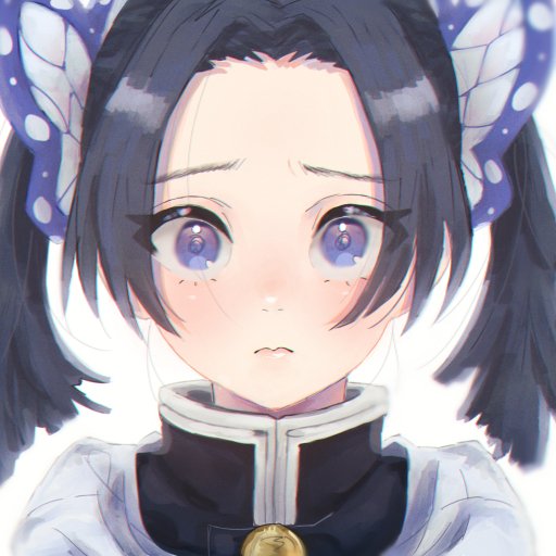 Close-up anime pfp of Aoi Kanzaki from Demon Slayer: Kimetsu no Yaiba — wide-eyed and blushing, butterfly hair ribbons and wearing a Demon Slayer uniform.