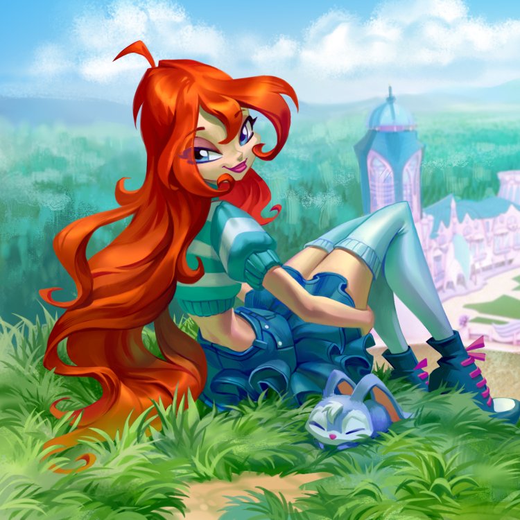Profile avatar featuring Bloom from Winx Club with long red hair, sitting on grass with a small cat and a colorful fantasy landscape in the background.