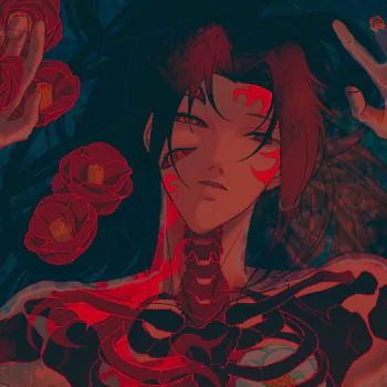 Forum avatar anime portrait of Kokushibo from Demon Slayer: Kimetsu no Yaiba — dark red-black palette, masked eyes, rose blooms, and exposed skeletal markings.