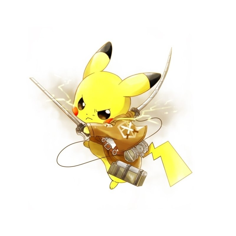 Forum avatar: Pikachu reimagined in Attack on Titan Scout uniform, using ODM gear and blades — Pokémon anime crossover.