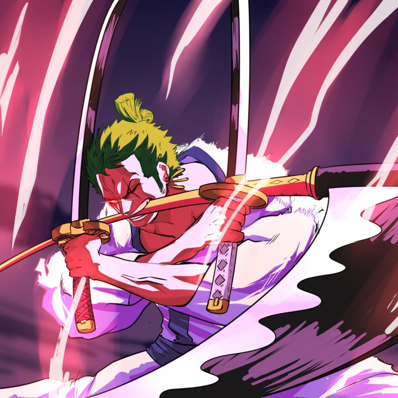 Roronoa Zoro from One Piece wielding three swords in an intense battle pose, surrounded by dynamic pink and purple energy streaks.