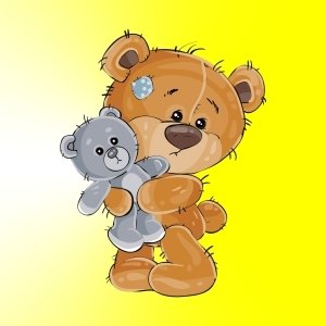Artistic, cute teddy bear hugging a smaller gray teddy — colorful illustrated forum avatar/pfp on a yellow gradient background.