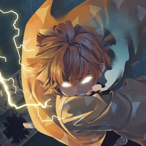 Forum avatar of Zenitsu Agatsuma from Demon Slayer: Kimetsu no Yaiba — anime close-up with glowing eyes, crackling lightning and his yellow haori swirling in a dramatic pose.