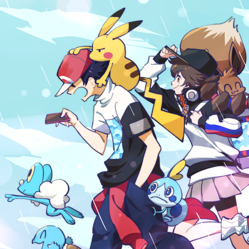 Anime-style profile avatar of two trainers with Pikachu perched on one head, and Pokémon Sobble, Squirtle and Eevee playfully surrounding them.
