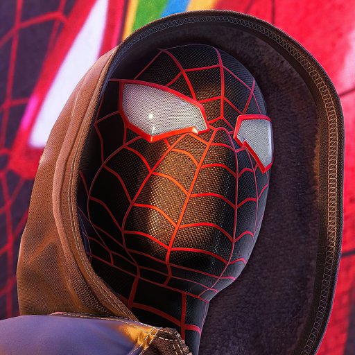 Forum avatar of Miles Morales from the video game Marvel's Spider-Man: Miles Morales — close-up of his black-and-red Spider-Man mask with white eye lenses and hood up.