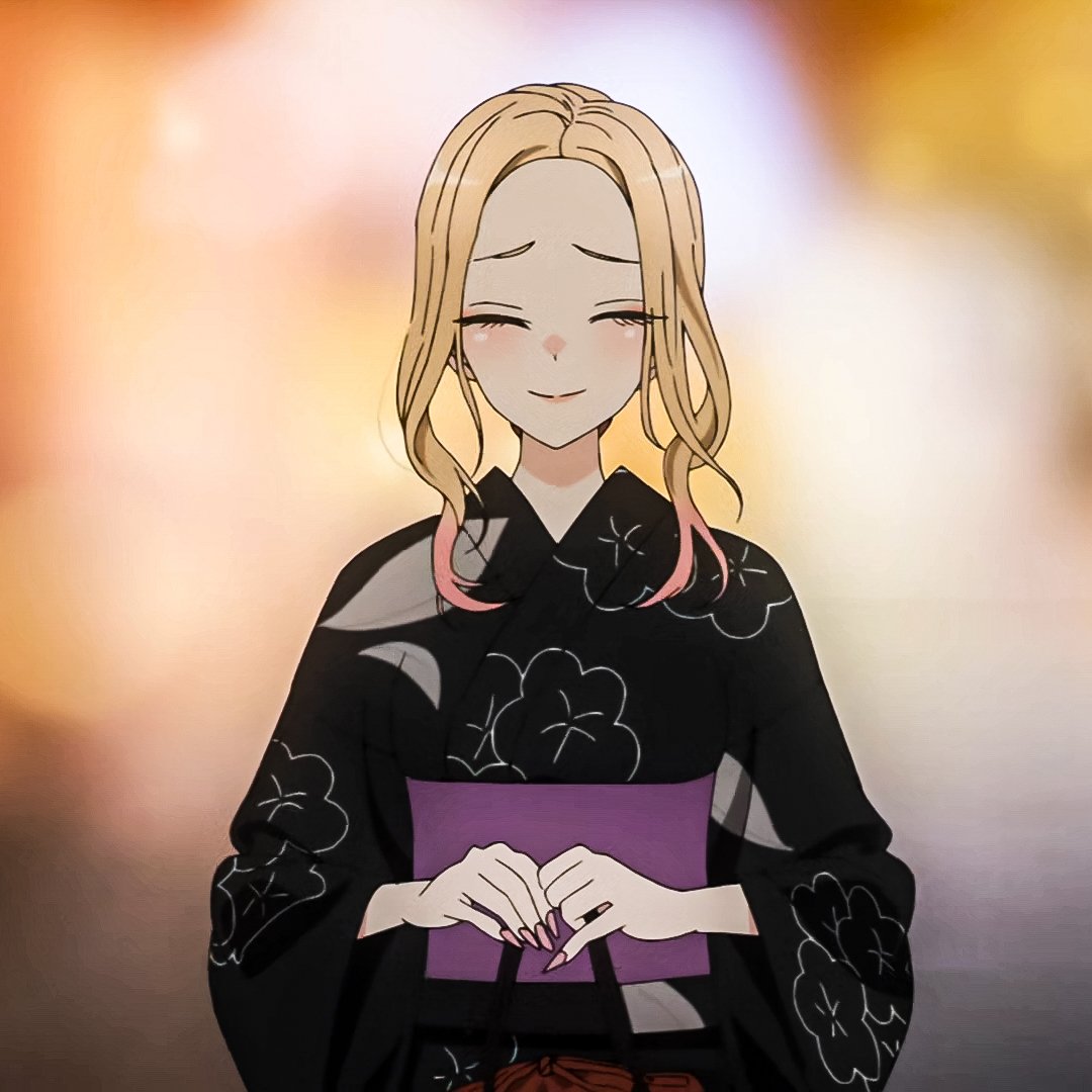 Forum avatar of Marin Kitagawa from My Dress-Up Darling: anime-style portrait of her smiling in a black floral kimono, hands folded, warm bokeh background.