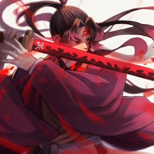 Forum avatar of Yoriichi Tsugikuni (Demon Slayer): intense anime portrait with crimson face markings, flowing dark hair and a blood-red patterned katana.