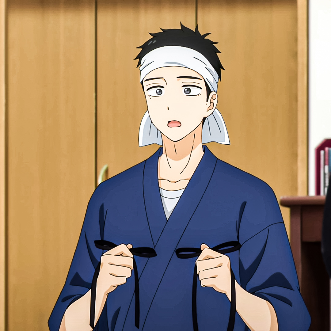 Forum avatar of Wakana Gojo from the anime My Dress-Up Darling: surprised expression, wearing a blue yukata and white headband, holding glasses.