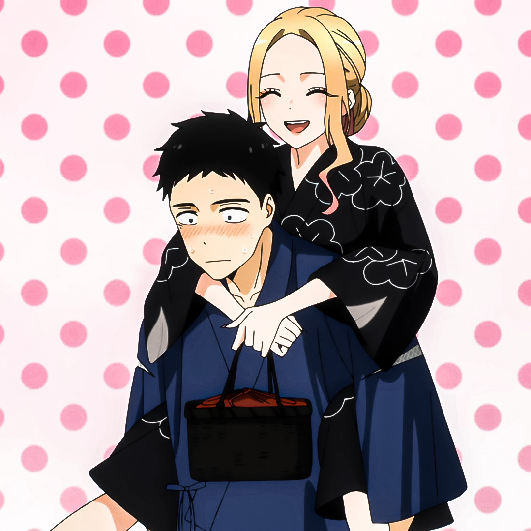 Anime forum avatar: Marin Kitagawa from My Dress-Up Darling, smiling as she hugs a blushing male character against a pink polka-dot background.