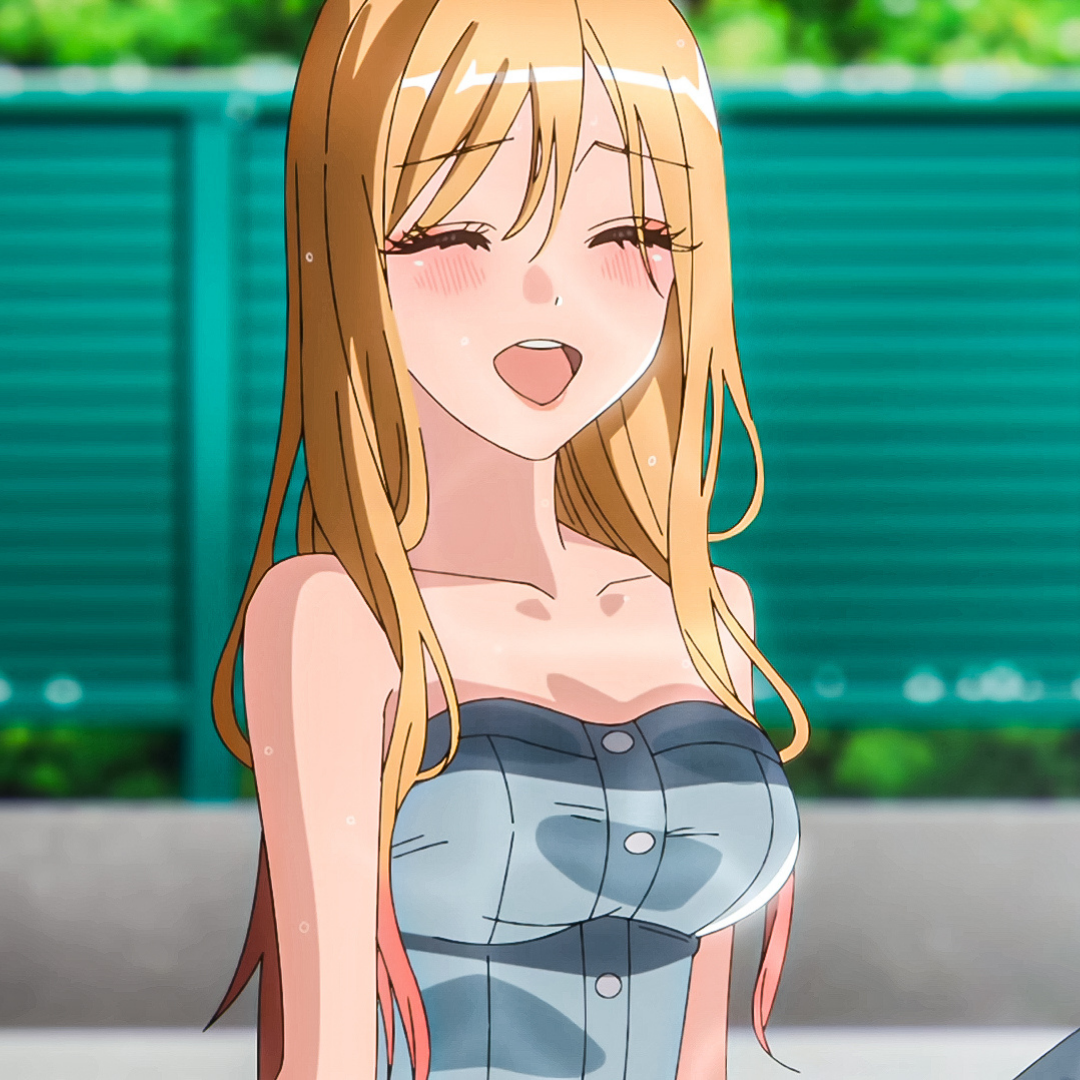 Forum avatar of Marin Kitagawa from the anime My Dress-Up Darling: smiling with long blonde hair (pink tips), wearing a strapless denim-style top against a blurred outdoor background.