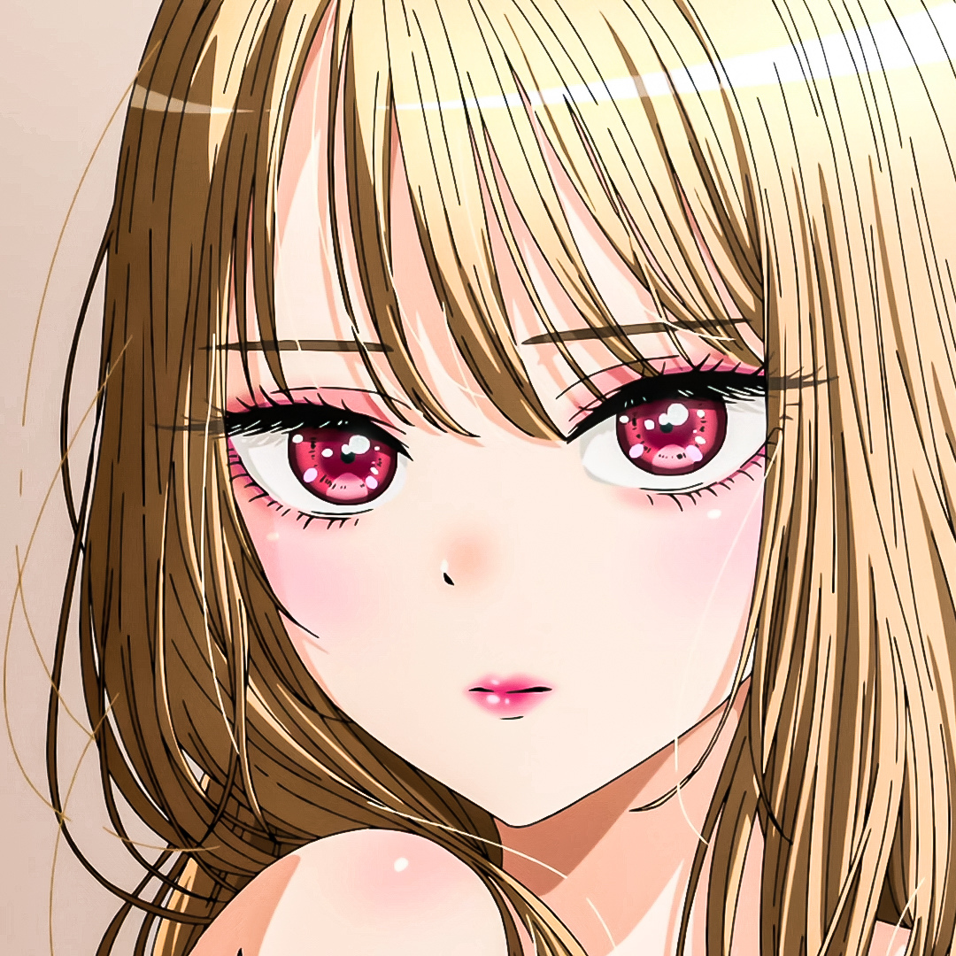 Forum avatar-style close-up of Marin Kitagawa (My Dress-Up Darling): long blonde hair, large pink eyes, subtle makeup and a soft, neutral expression.