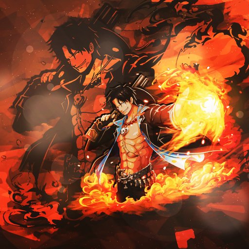 Anime forum avatar of Portgas D. Ace (One Piece): shirtless pirate with signature necklace and hat, conjuring bright orange flames around his fist and waist on a dark red background.