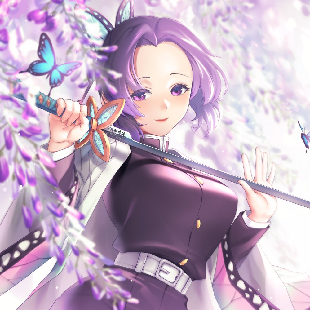 Forum avatar/pfp of Shinobu Kochou (Anime, Demon Slayer: Kimetsu no Yaiba) — smiling portrait with butterfly sword, purple hair and cascading wisteria blossoms.