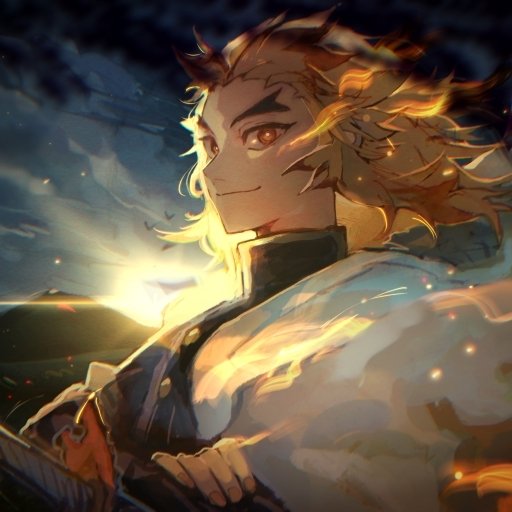 Forum avatar/pfp of Kyojuro Rengoku from Demon Slayer: Kimetsu no Yaiba — anime portrait with flaming hair, glowing eyes, and a confident, determined smile.